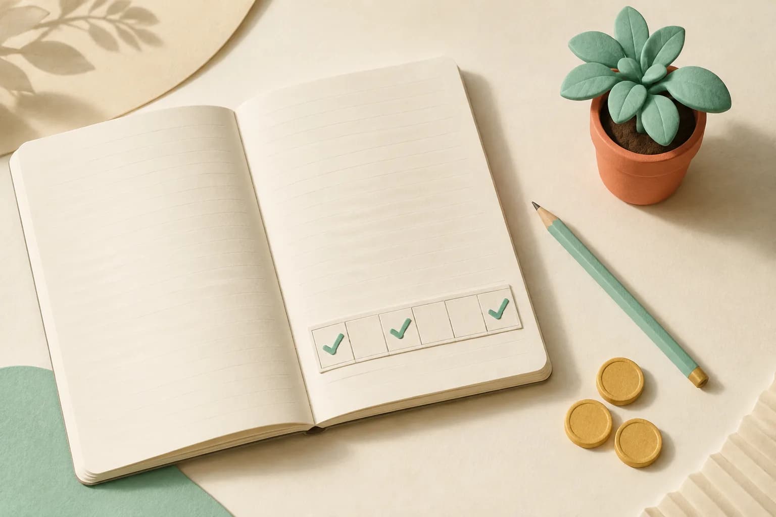An open notebook, a seven-day calendar, coins and a plant on a desk: a calm routine for reviewing spending.